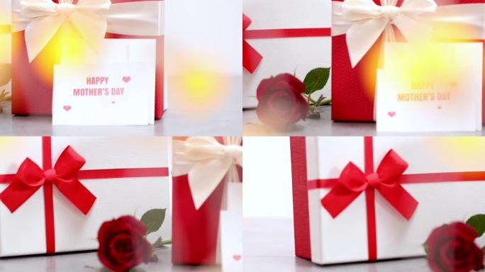母亲节快乐留言，礼盒，红玫瑰和霓虹灯在前面4k视频