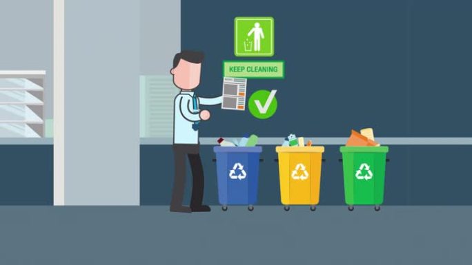 商人在办公室用右垃圾箱回收。男人清洁废物。卡通男人用右图标将废物扔到垃圾箱。生态动画概念