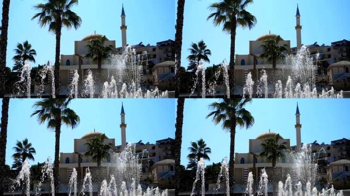 阿尔巴尼亚Durres市喷泉和清真寺的暗示性视图