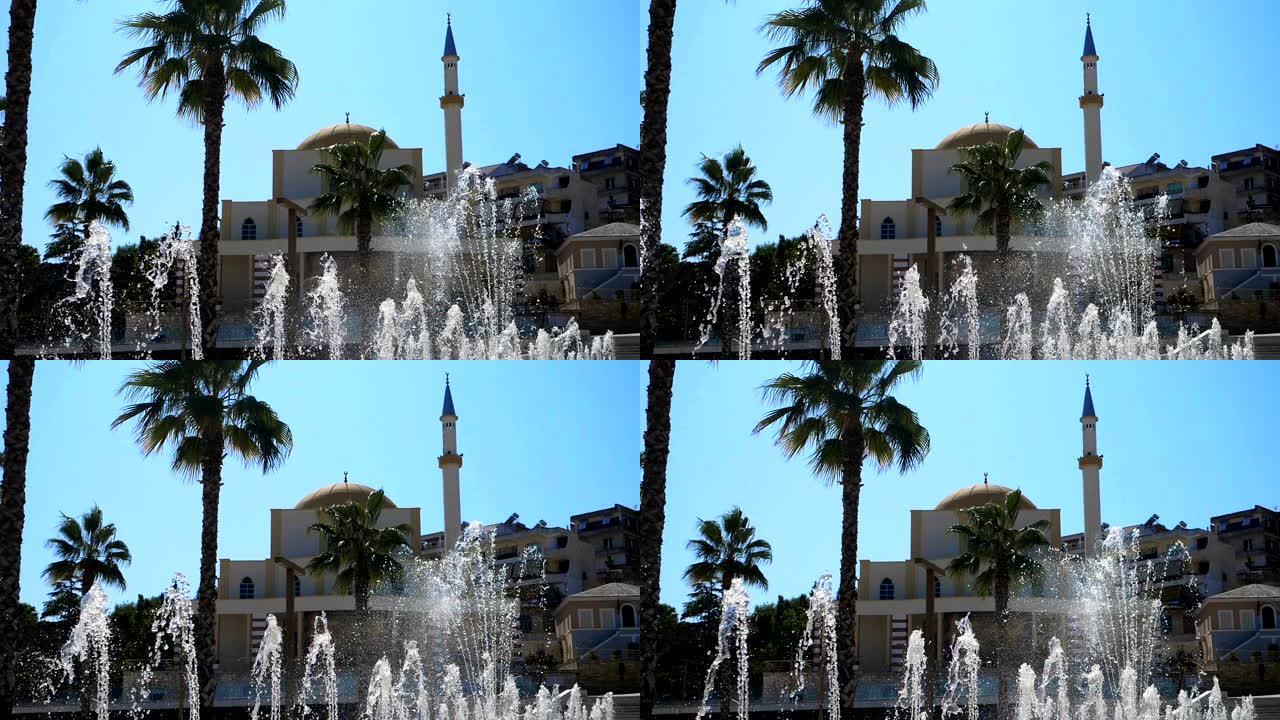 阿尔巴尼亚Durres市喷泉和清真寺的暗示性视图