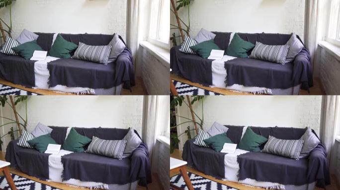 柔软漂亮舒适的沙发，配有书、枕头、格子和毯子。拉戈姆概念