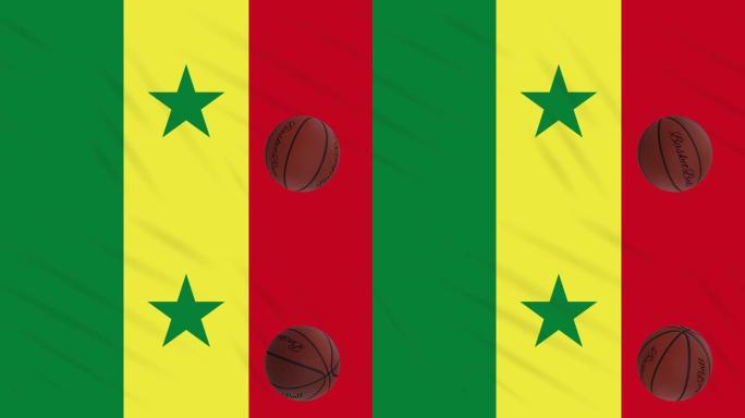 塞内加尔国旗摇摆和篮球旋转，循环