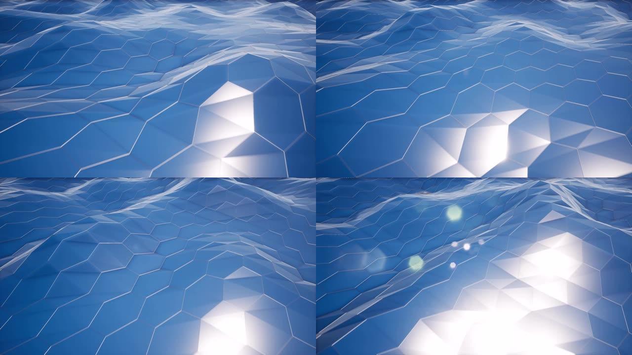 六边形形状蓝色表面运动无缝动画。网络空间细胞3d视频。抽象网状环形多边形镜头。十字线和蜂窝。波涛汹涌