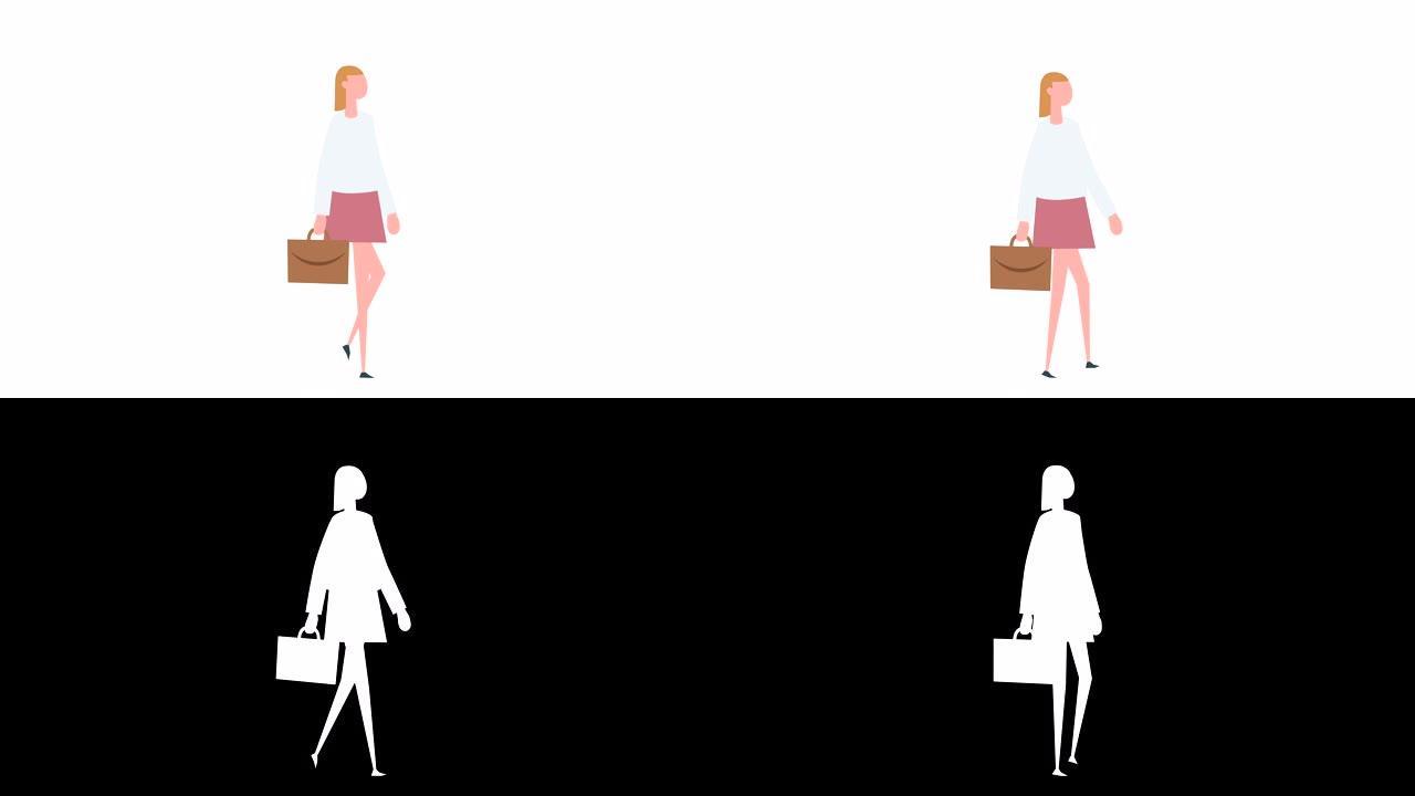 平面卡通彩色女性角色动画。女孩女步行自行车与公文包情况