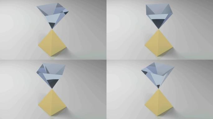 蓝色玻璃金字塔自上而下的黄铜金字塔-3D渲染视频剪辑