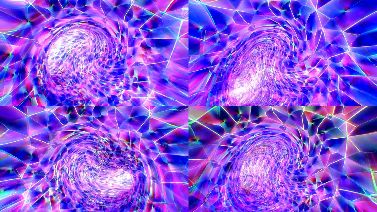抽象万花筒3d涡旋镜头。发光无尽的隧道快速移动动画。扭转管内动态运动。带有白色线条的蓝色和粉红色玻璃