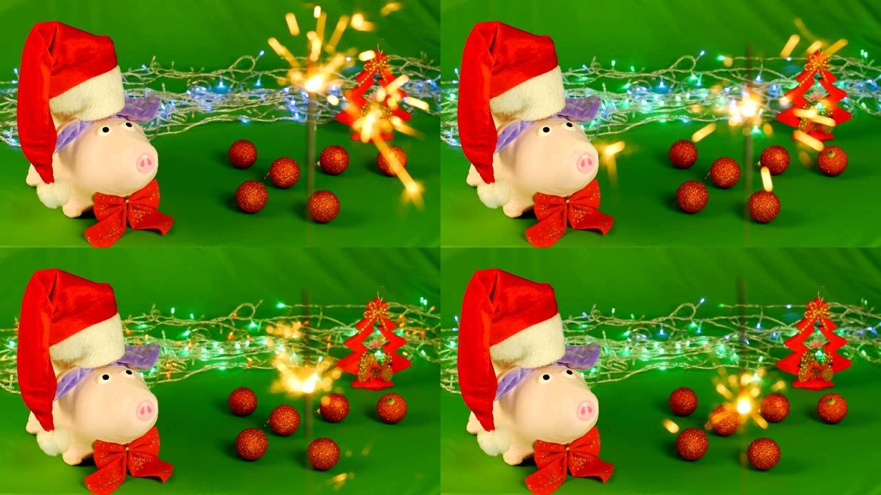 小猪或腮腺炎戴着圣诞老人的帽子，新的2019年和圣诞节，绿色色度键上的火花