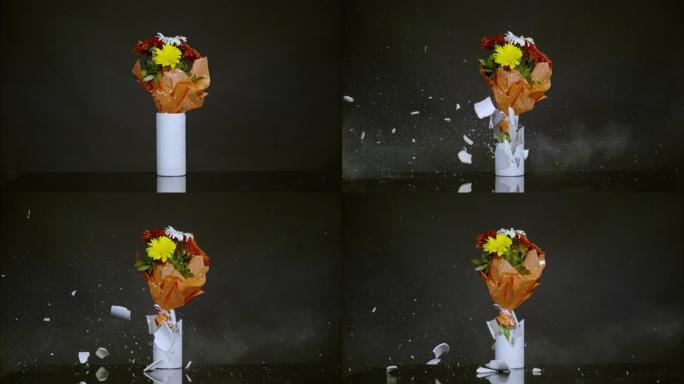 花朵爆炸的花瓶，超慢动作
