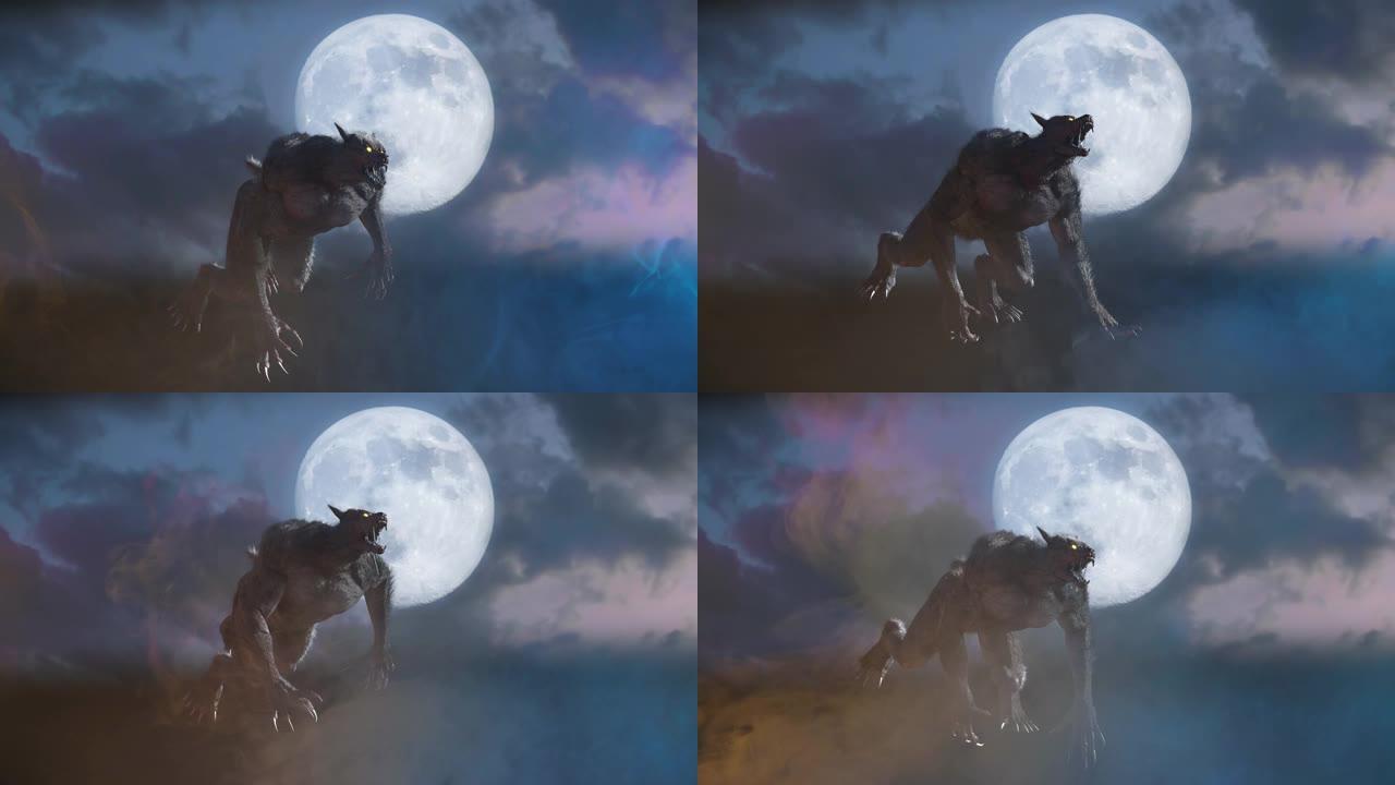 狼人在万圣节背景3D渲染