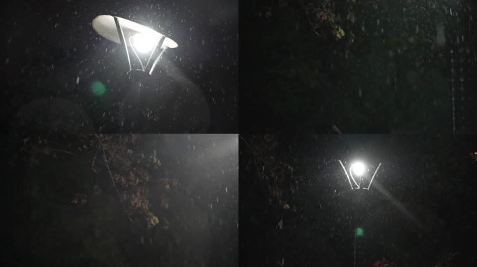 雨夜路灯下雨雨景小区雨夜安静的夜晚下雨夜