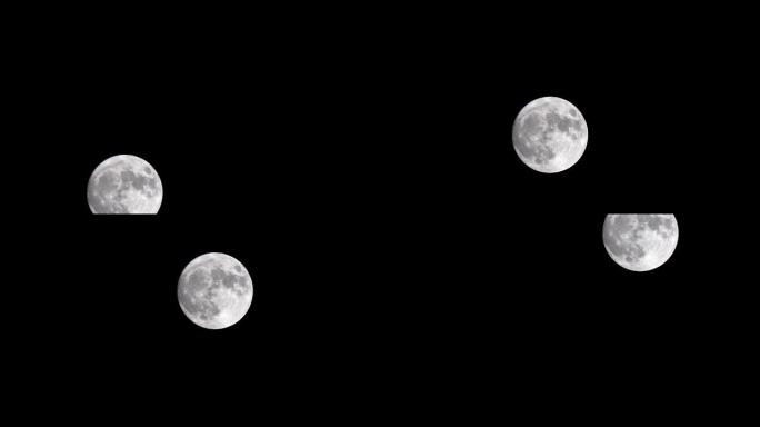 满月在夜空中移动，没有云。特写，时间流逝。神秘的月亮从下到上移动。月光照在黑色的夜空中。