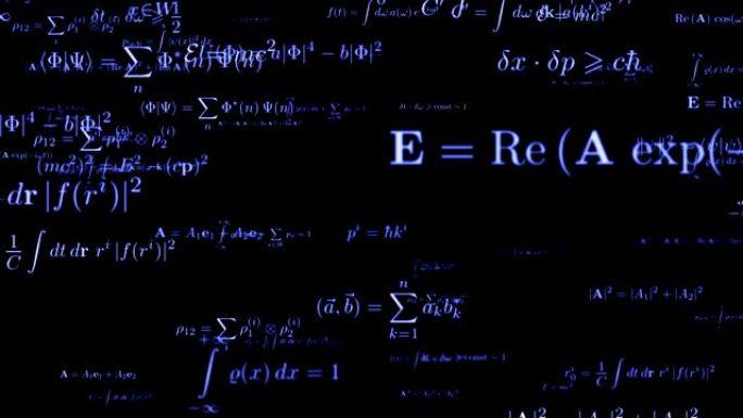 数学霓虹灯公式无缝镜头。黑板上的代数计算。物理和几何蓝光闪亮理论运动。数学发光方程浮动循环动画