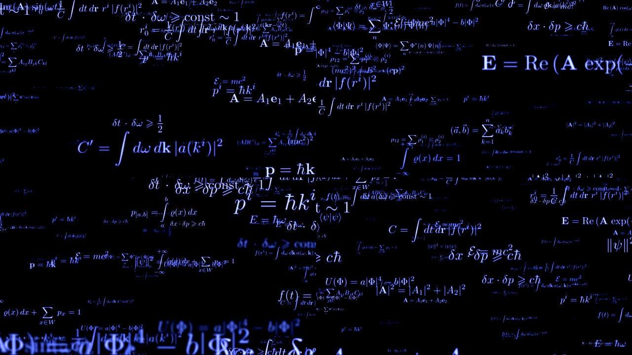 数学霓虹灯公式无缝镜头。黑板上的代数计算。物理和几何蓝光闪亮理论运动。数学发光方程浮动循环动画
