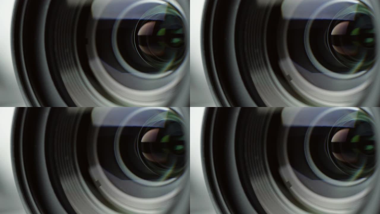 数码单反相机的聚焦镜头。摄影或电影摄制设备专业服务概念，特写