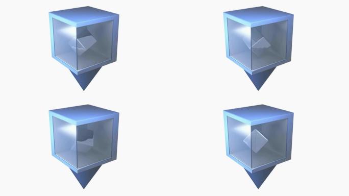 带有旋转金属立方体的蓝色定位盒-3D渲染动画