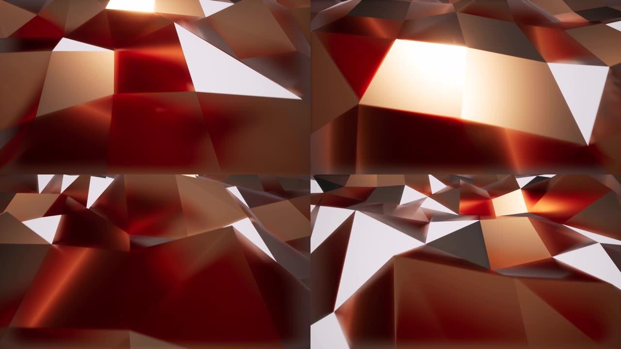 水晶闪亮的三角形表面3d逼真的镜头。发光的三角形棕色面板纹理顶视图运动动画。抽象几何金属形状，块运动