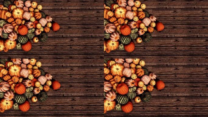 木制背景上的秋天南瓜，复制空间顶视图3D动画