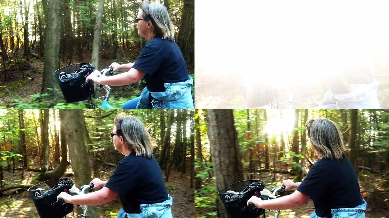 一个成熟的微笑女人骑自行车欣赏风景的视频剪辑