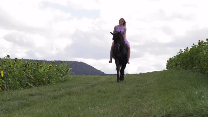 穿着淡紫色连衣裙的女人骑着马骑马
