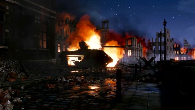 城市战场场景与燃烧的坦克和建筑废墟在晚上