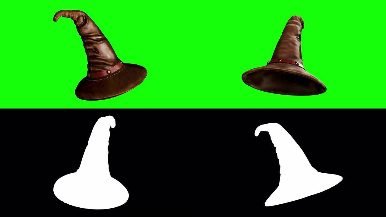 万圣节女巫皮帽的3d渲染运动图形循环，隔离在绿屏背景上，末端部分带有alpha通道。