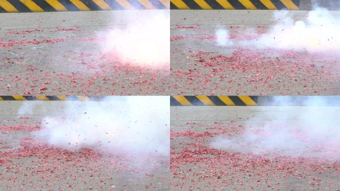 慢镜头台湾人用红色爆竹在庙前爆炸