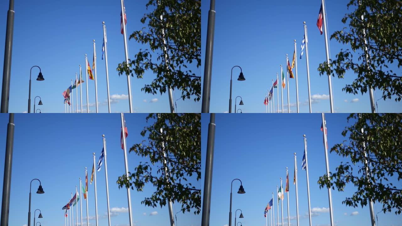 在公园的多个国家/地区远处挥舞着旗帜