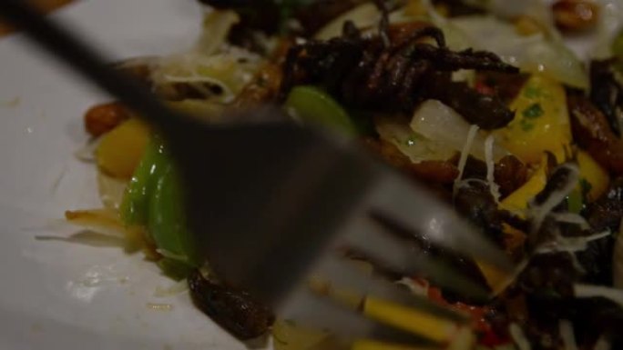 慢动作的人在一家亚洲餐厅吃一盘虫子作为晚餐