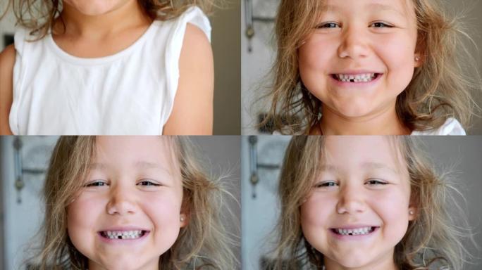 小女孩的肖像正在显示她丢失的乳牙和微笑