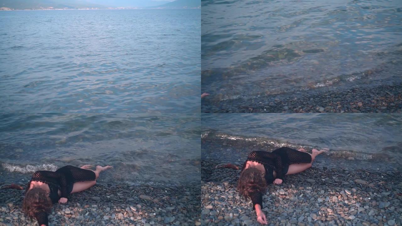一个年轻的女孩昏迷不醒地躺在海边，没有动静。面目全非的女人脸朝下躺在岸边。