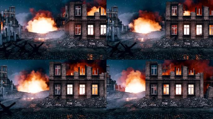 在夜晚，用燃烧的建筑废墟轰炸欧洲城市