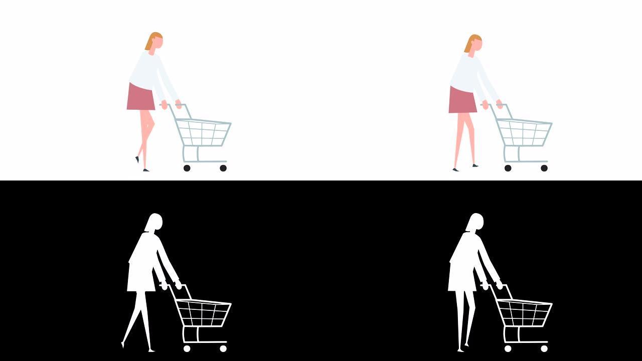 平面卡通彩色女性角色动画。女孩步行自行车与购物车情况