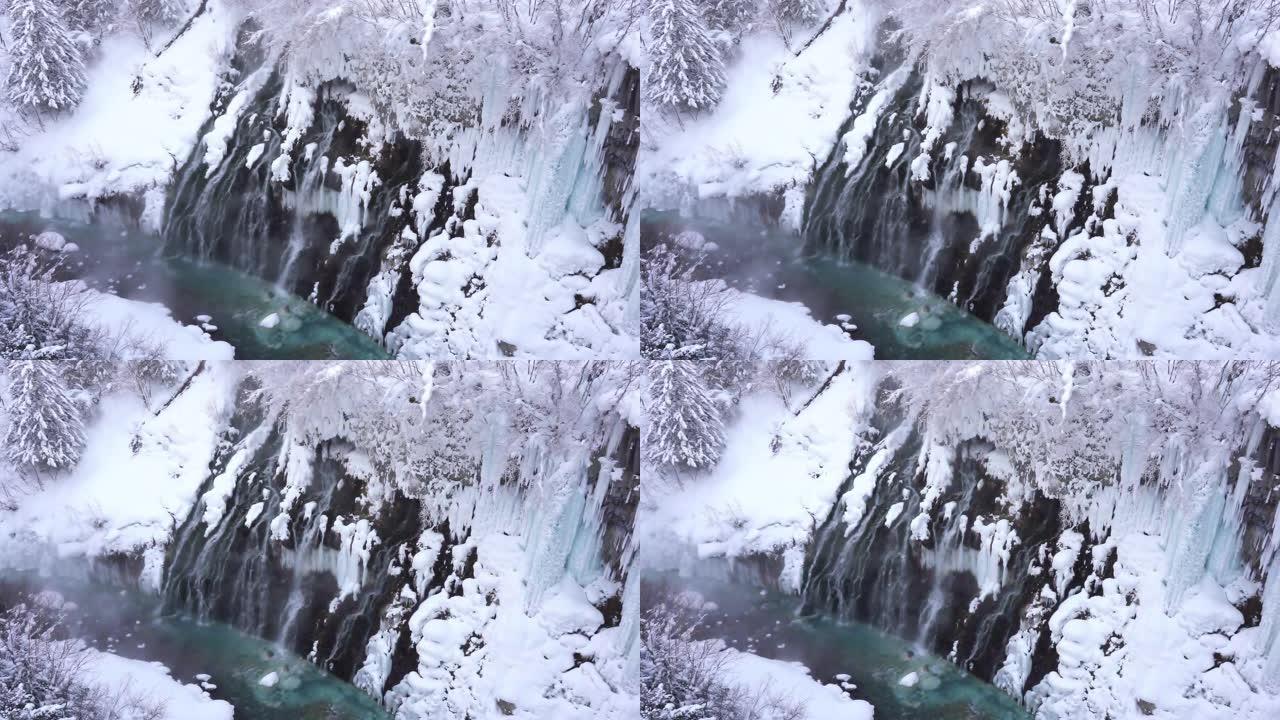 日本北海道冬季雪季白重瀑布景观