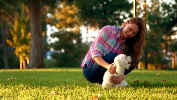 年轻女子在公园抚摸白色蓬松的狗，骄傲