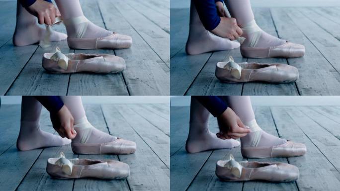 专业芭蕾舞女手系白色足尖鞋带