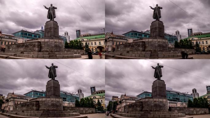 欧洲铭文背景上的列宁纪念碑。列宁为欧洲指明了道路。“欧洲之窗”，俄罗斯，叶卡捷琳堡