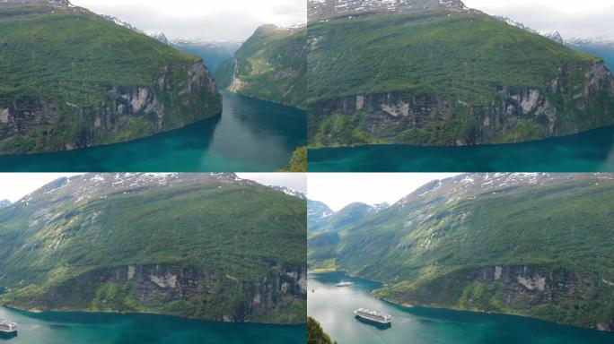 挪威Geirangerfjord。阳光明媚的夏日，旅游船渡船游轮班轮漂浮在Geirangerfjor