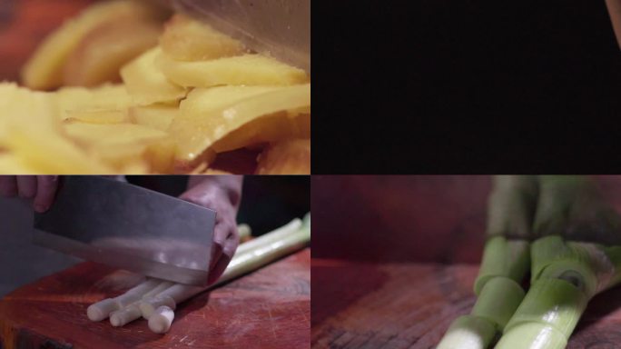 3.厨师用菜刀熟练切姜和葱高速拍摄