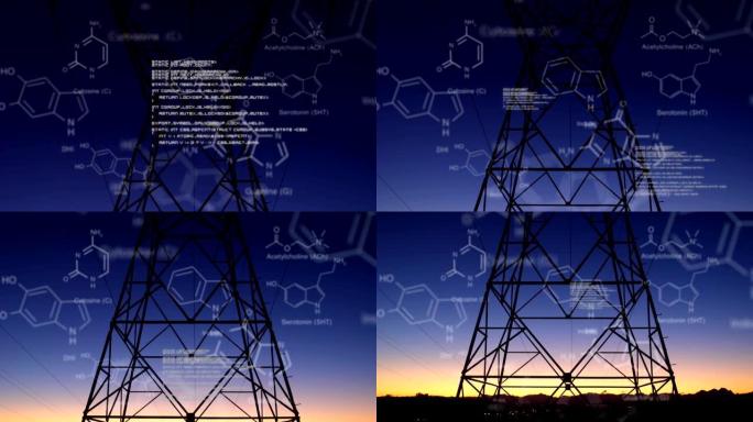 具有程序代码和输电塔背景的化学结构