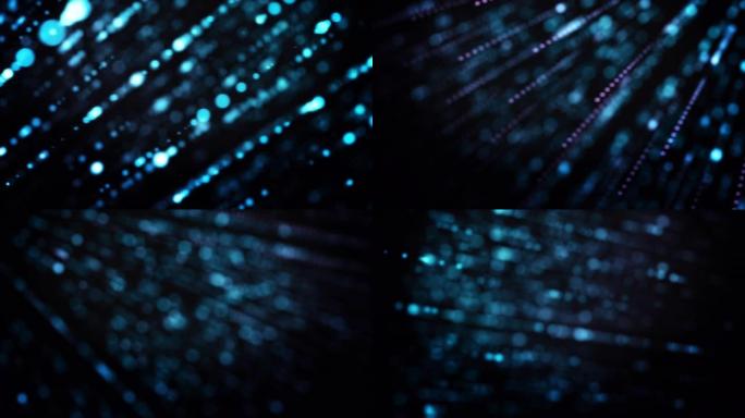 抽象创意宇宙背景，黑色背景上的霓虹灯发光光线在运动，无缝循环。动画。小点点和圆圈的蓝色光芒