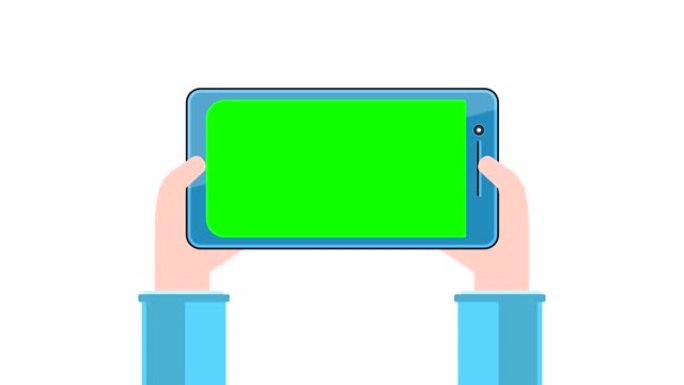 手握绿屏的平板电脑。带色度键的手握平板电脑的概念。