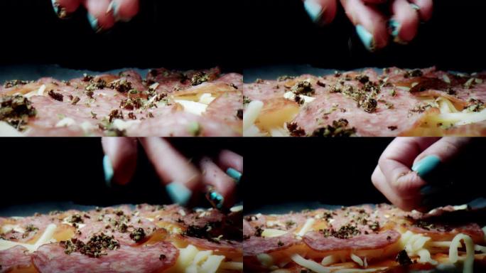 披萨上草药的4k极端特写微距拍摄