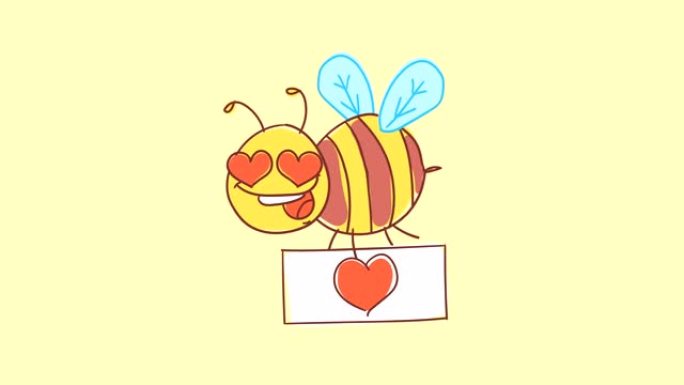蜜蜂用心拿着牌子，微笑着。有趣的角色。阿尔法通道