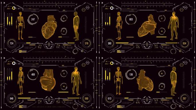 人体心脏扫描。具有HUD和信息图表元素的未来医学用户界面。虚拟技术背景。用于商业，游戏，运动设计，w