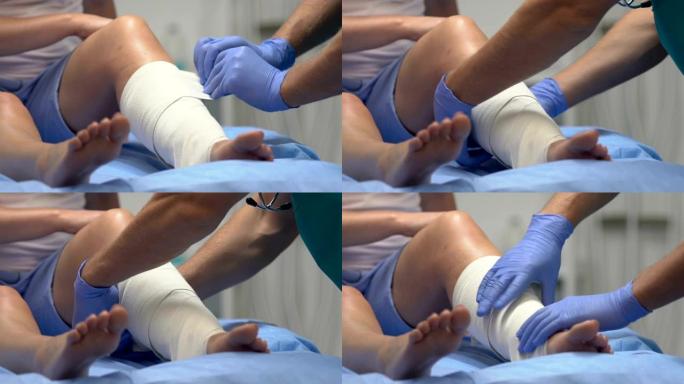 创伤专家在受伤的患者腿上佩戴弹性绷带，创伤结果