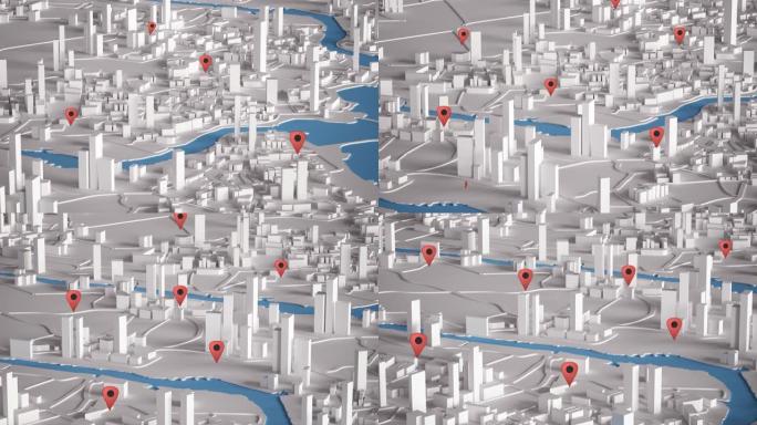 城市建筑的鸟瞰图3D渲染与红点地图4k动画