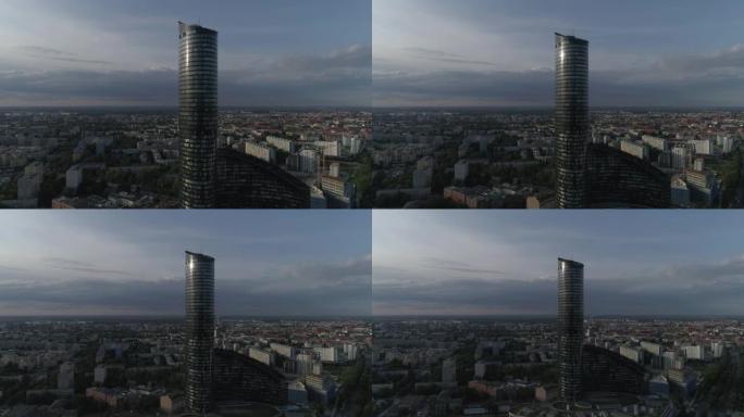 天空塔摩天大楼。弗罗茨瓦夫城市全景。鸟瞰图。波兰。4K。