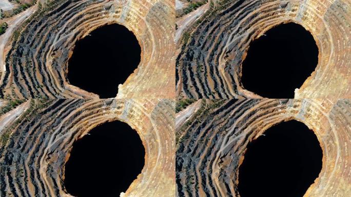 西班牙力拓附近一座小山上的一架无人驾驶飞机的鸟瞰图。这是生产行业中的矿石开采-工业和景观概念