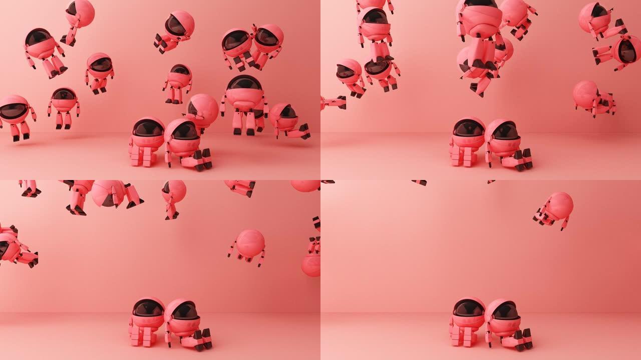 许多可爱的粉红色机器人坐在粉红色的背景上抬头。3d渲染