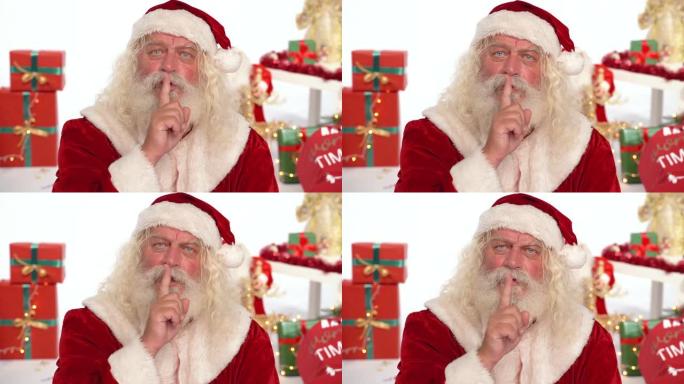 圣诞老人表现出沉默的姿态，在圣诞节场景中手指在嘴唇上